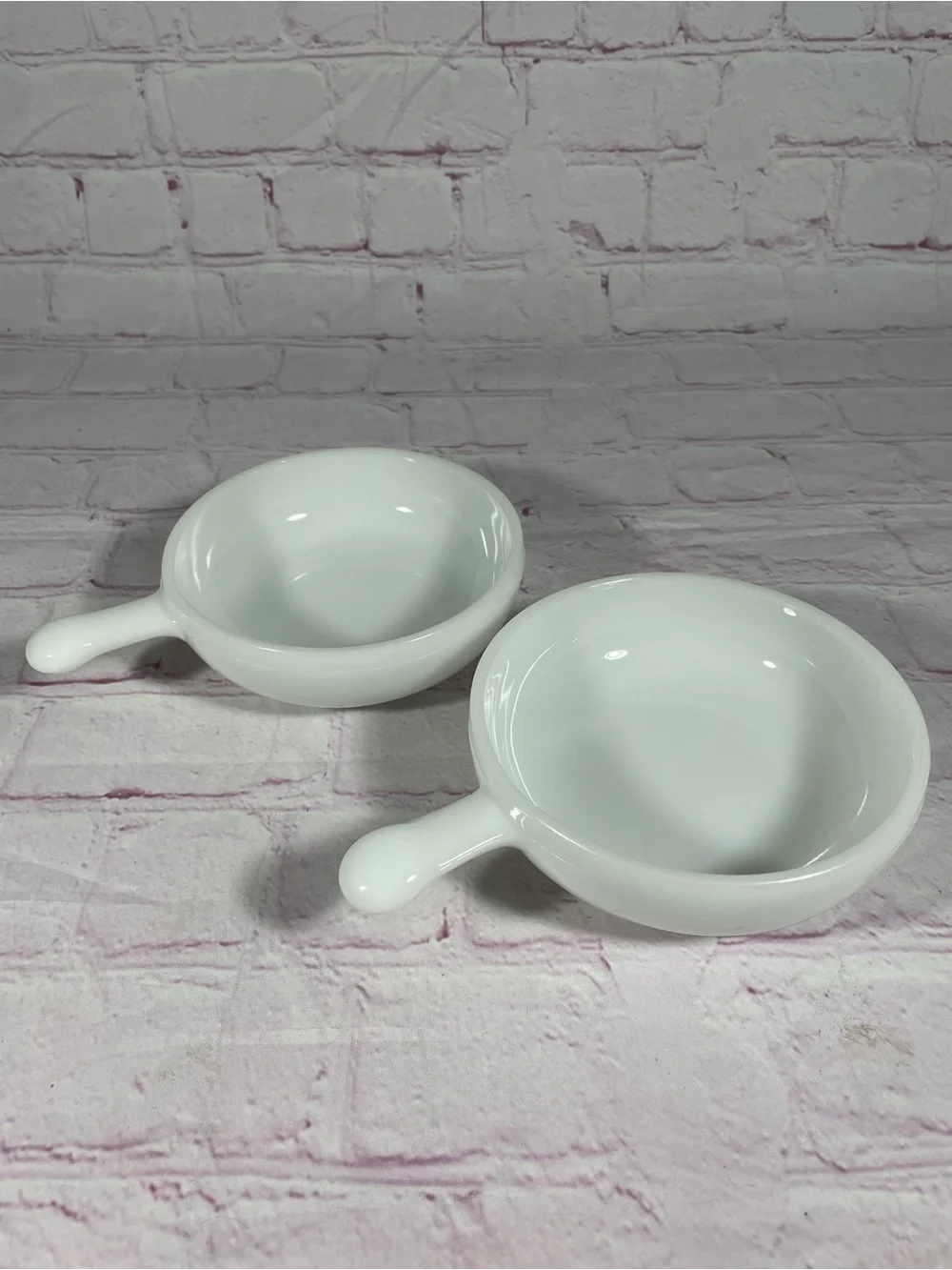 Vintage Glasbake White Milk Glass Soup Chili Chowder Handled Bowls Set of 2